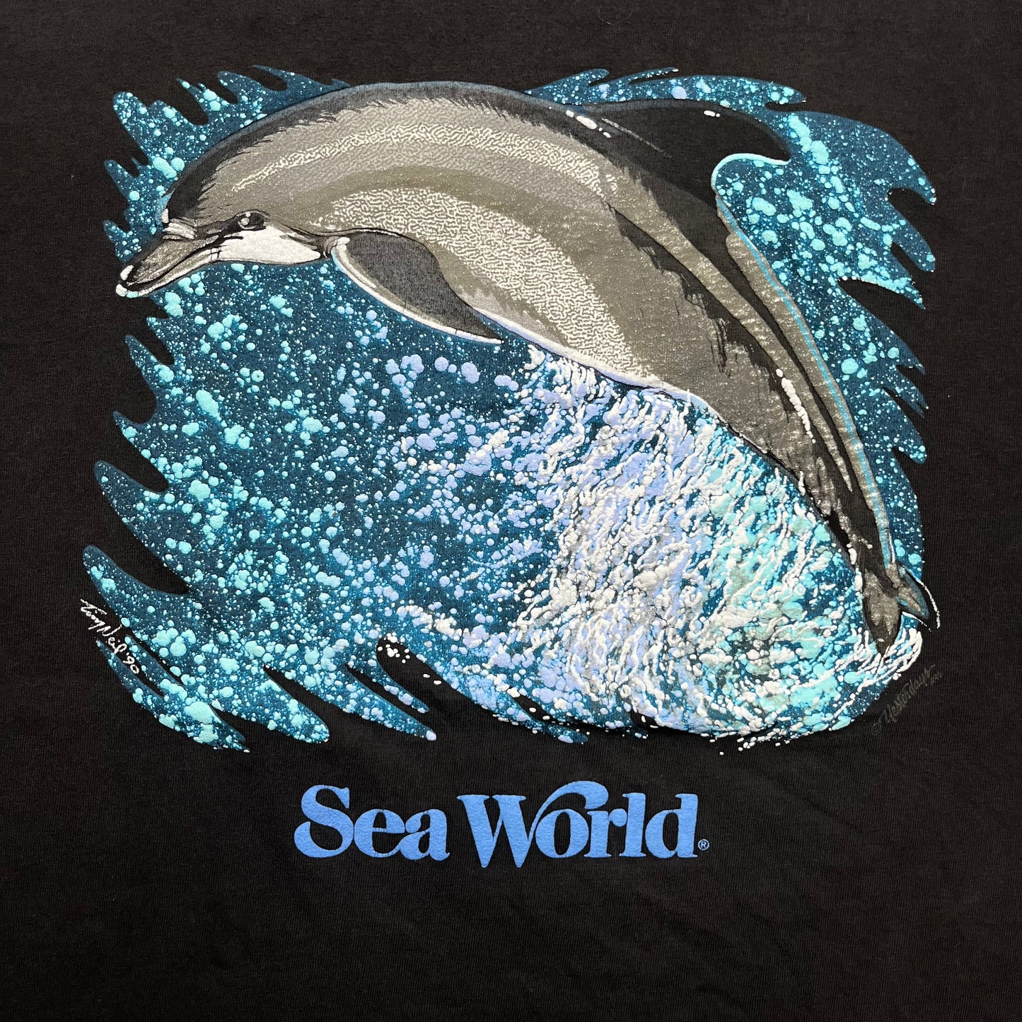 90s Seaworld Dolphin Black Tee - L